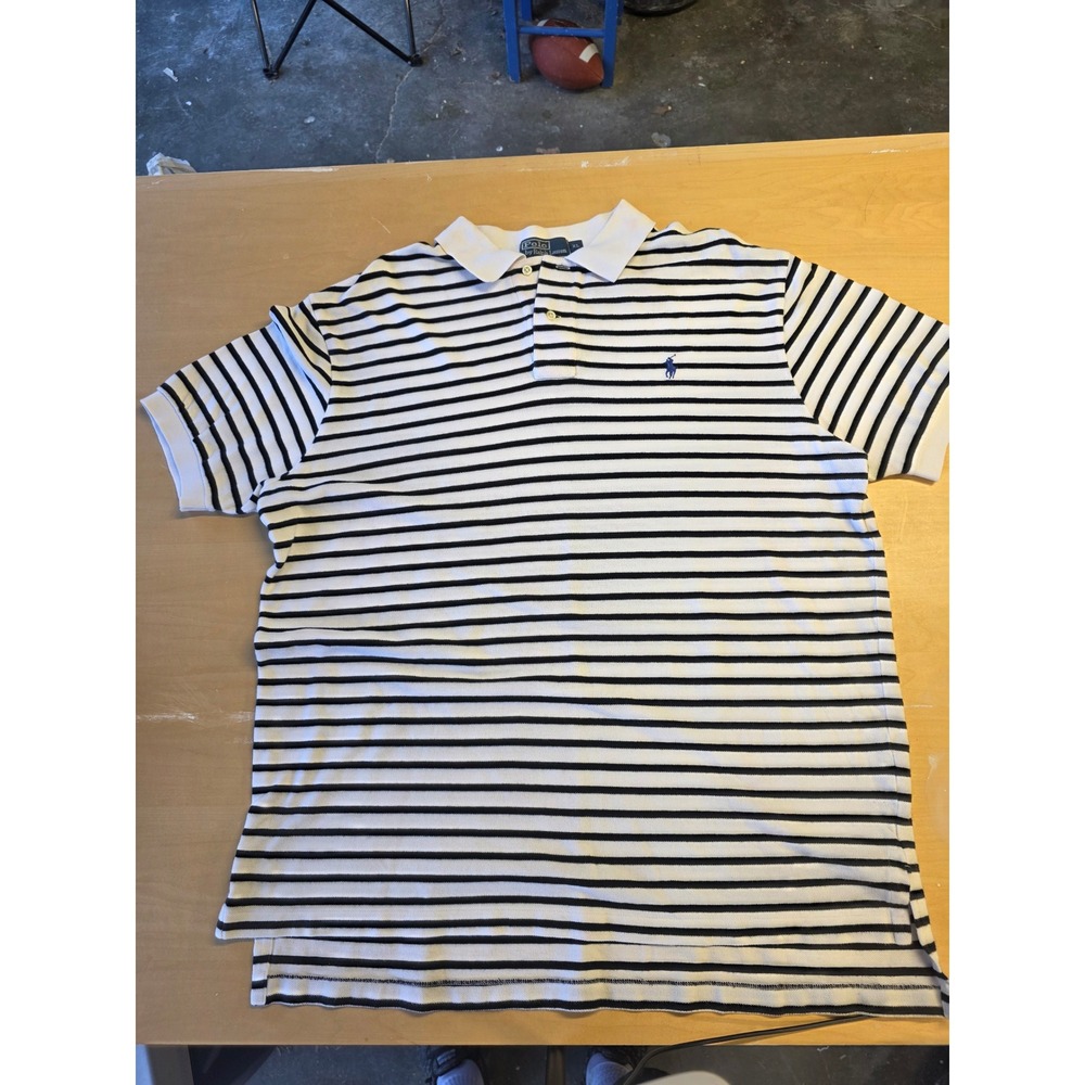 Polo Ralph Lauren Mens XL Striped Short Sleeve Polo Shirt White Navy Blue Cotton